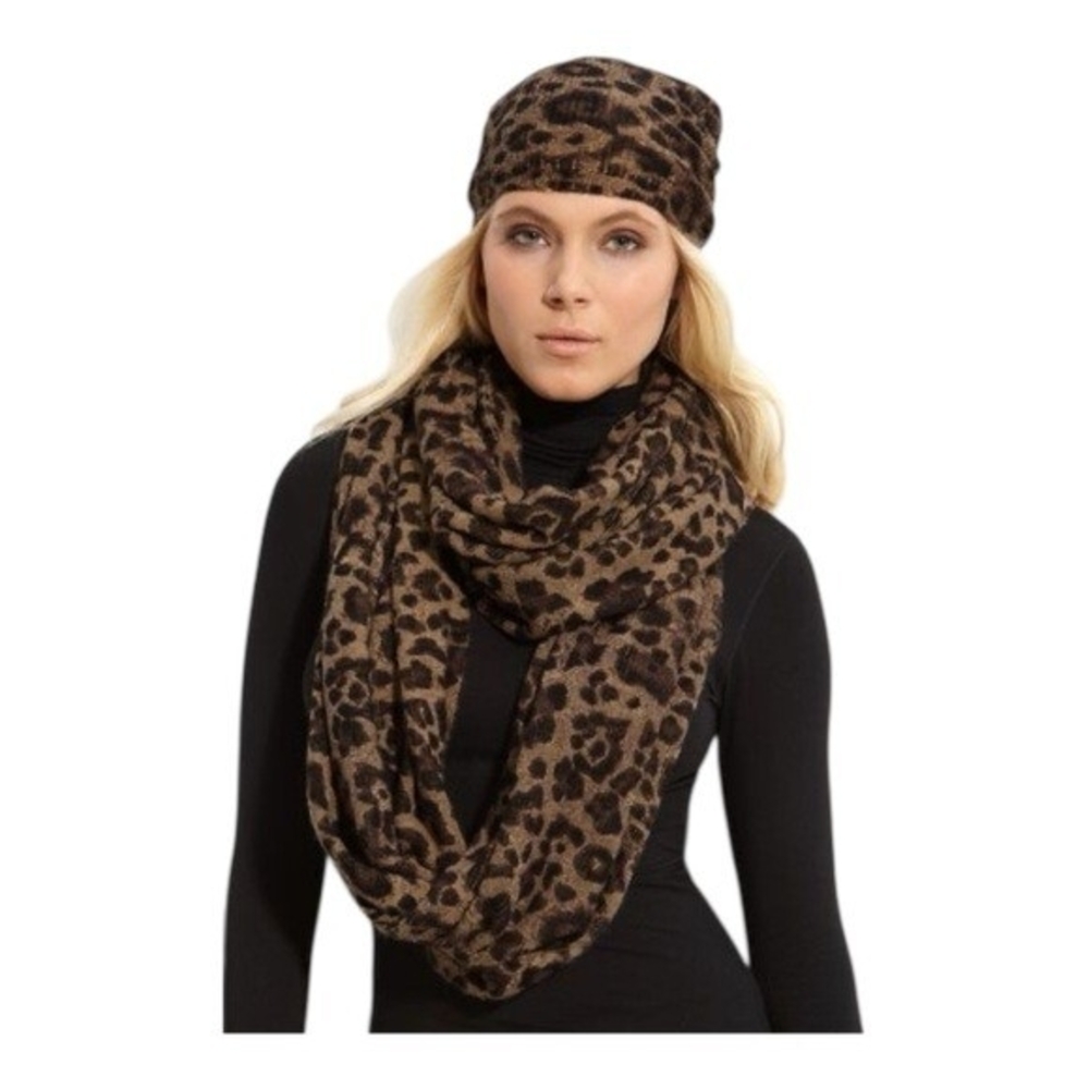 MICHAEL Michael Kors Leopard Print Infinity Scarf Brown Black 40"x26" Acrylic VG